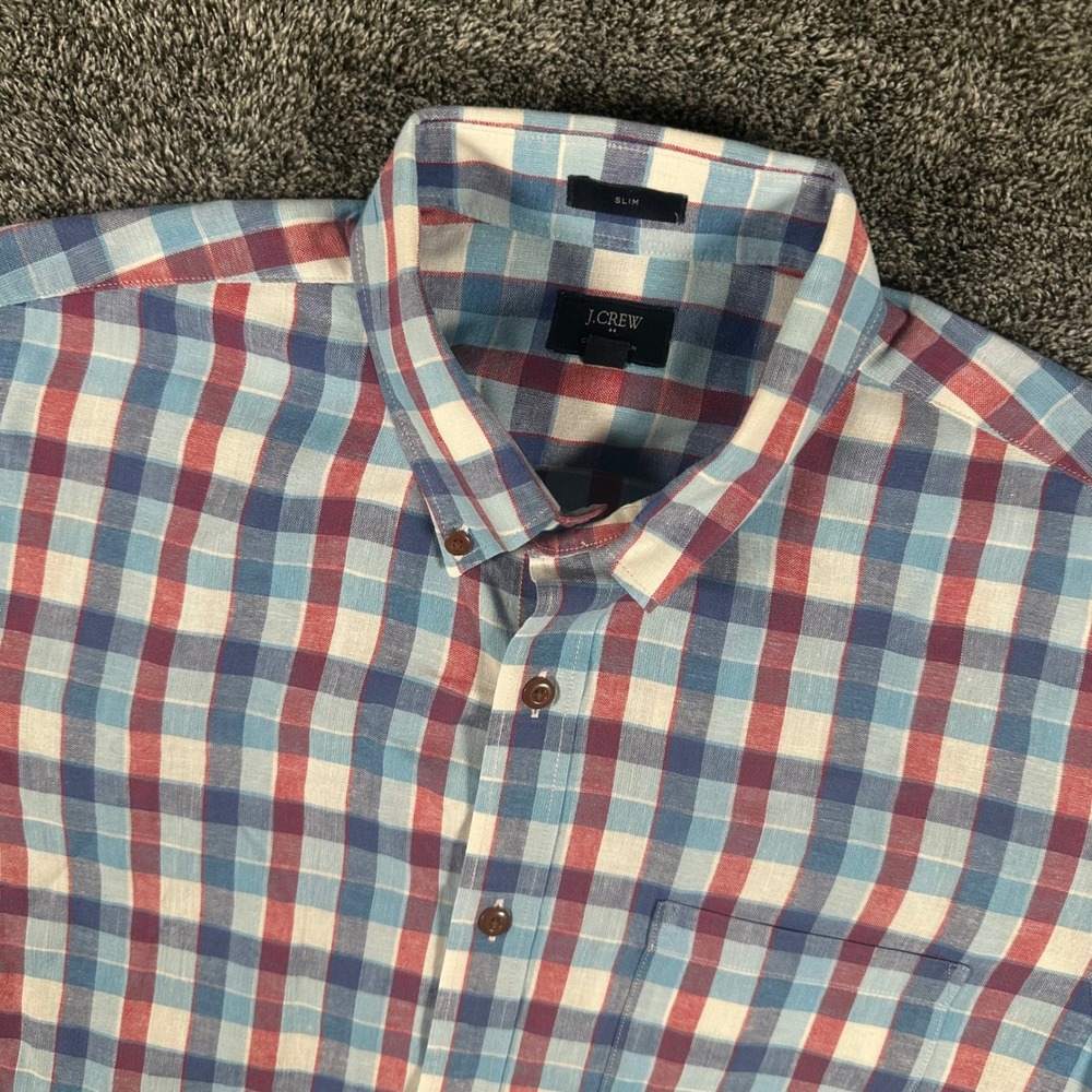 J.Crew Shirt Mens Medium Slim Blue Red White Plaid Cotton Linen Button Down Top